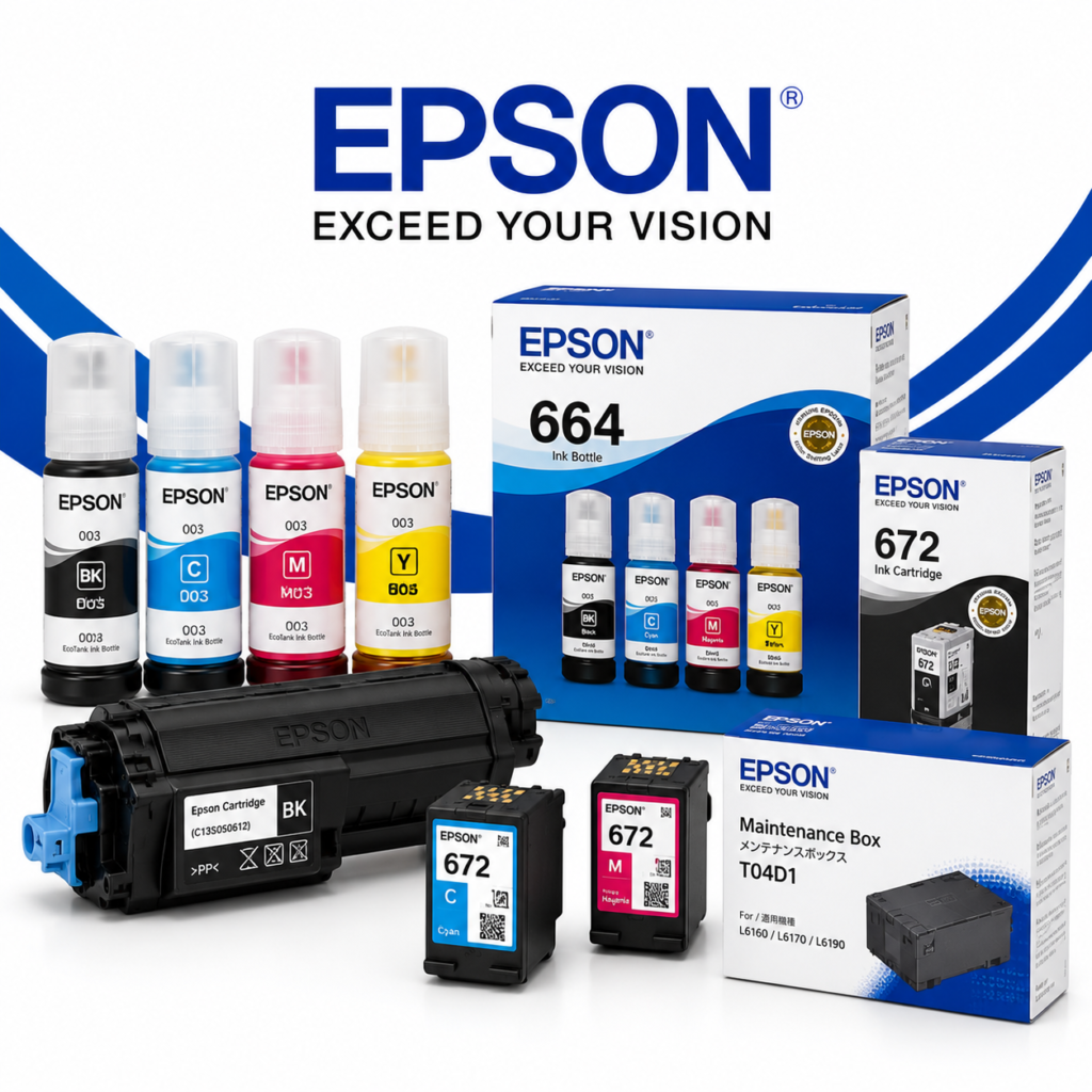 Epson EcoTank ink bottles, ink cartridges and maintenance boxes available at Cartridge Malaysia